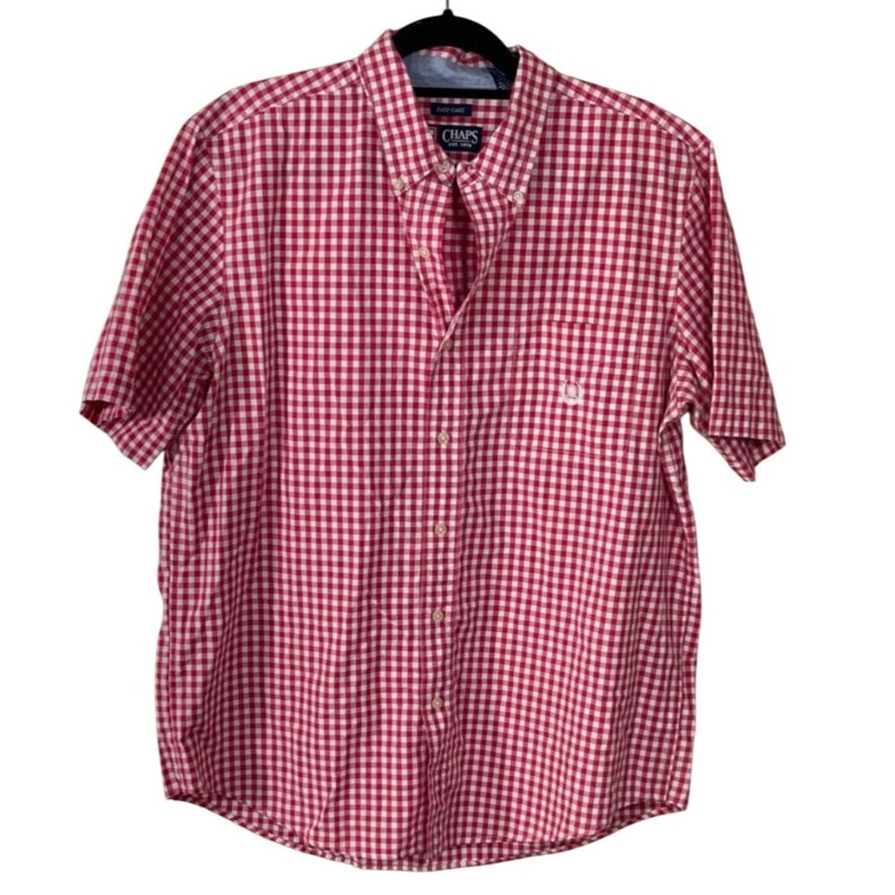 Chaps Button Down Shirt Men's Short Sleeve Pink Gingham L Large Easy Care